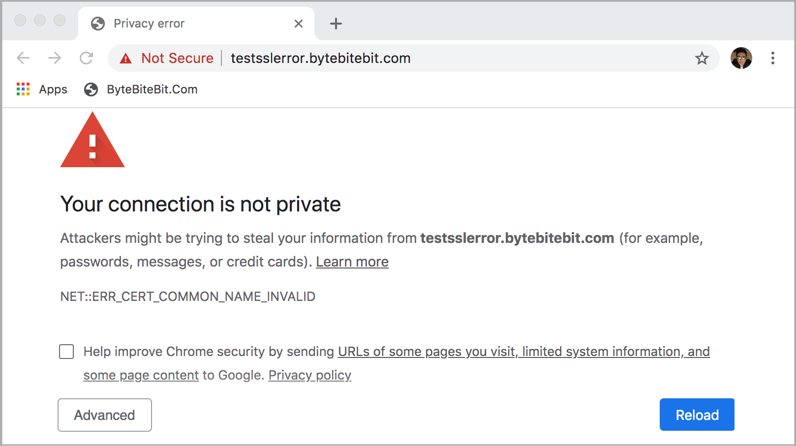 Example of a browser warning of a site without an SSL certificate