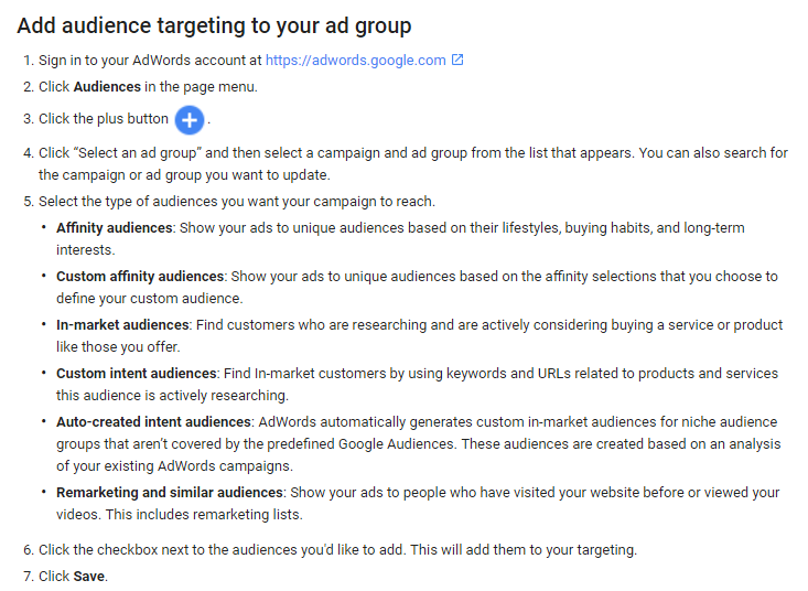 Screen-grab of Google's Instructions to Segment Your Audiences on Adwords