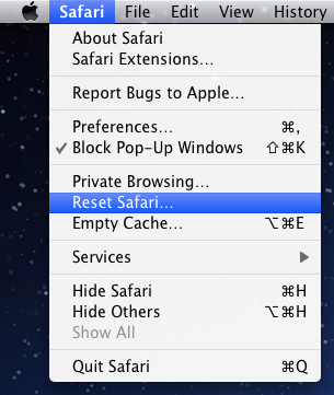Screen Grab of the Reset Safari Option on Apple Mac