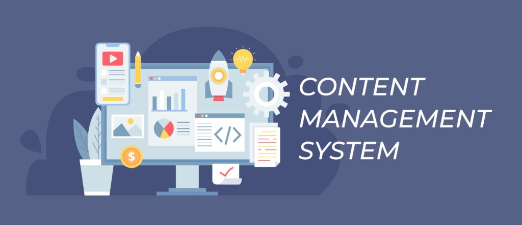 An conceptual illustration of a content management system with the words "content management system" overlaid on the illustration