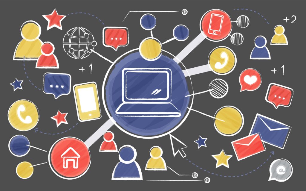 An illustration of a hand-drawn computer surrounded by shapes and icons