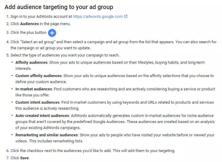 Screen-grab of Google's Instructions to Segment Your Audiences on Adwords