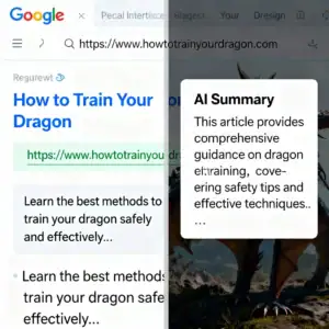 AI generated image showing traditional search results split screen with an AI overview.