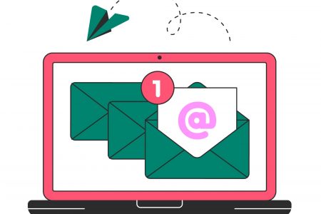 A conceptual illustration showing a laptop with email symbols