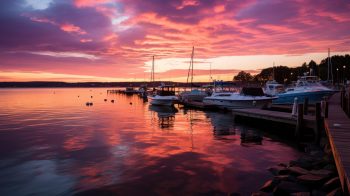 Sailboats moored in a harbor at sunset
