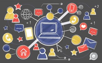 An illustration of a hand-drawn computer surrounded by shapes and icons